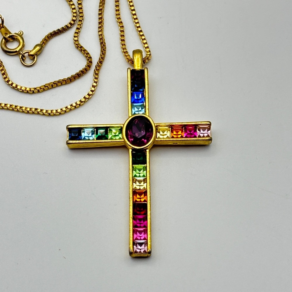 Vintage Rhinestone Cross Pendant Necklace 30" 1998 PS Co. Jewel Tone Colorful